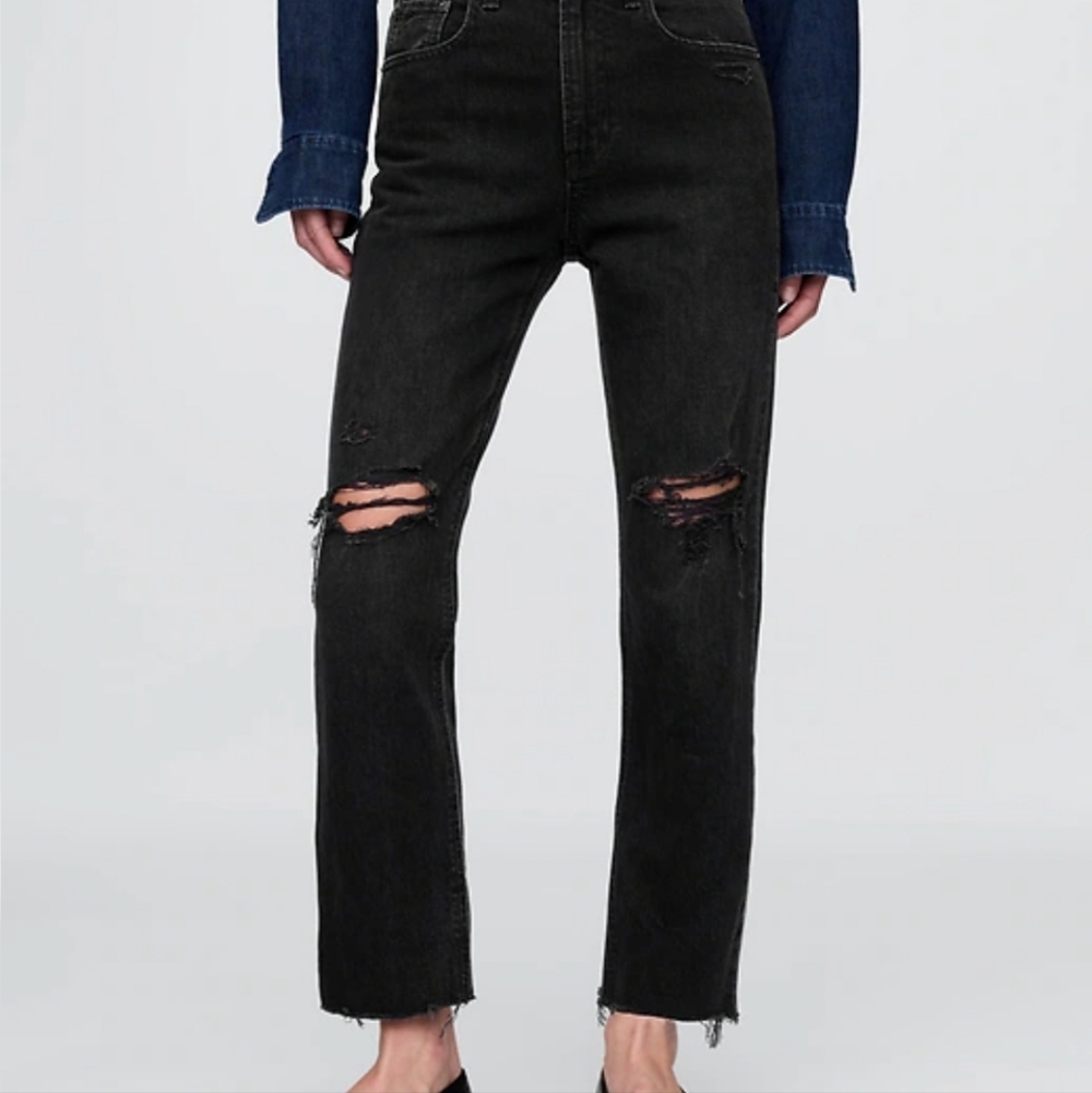 GAP Black Distressed Straight Leg Jeans